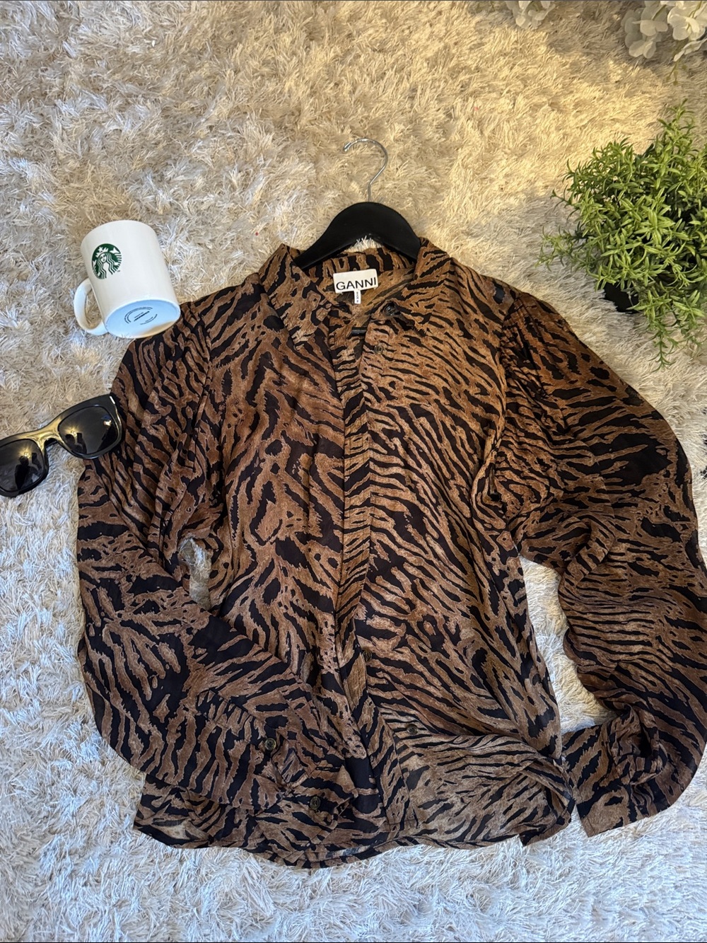 EUC Ganni Brown & Black Tiger Print Button Shirt 38/M/6